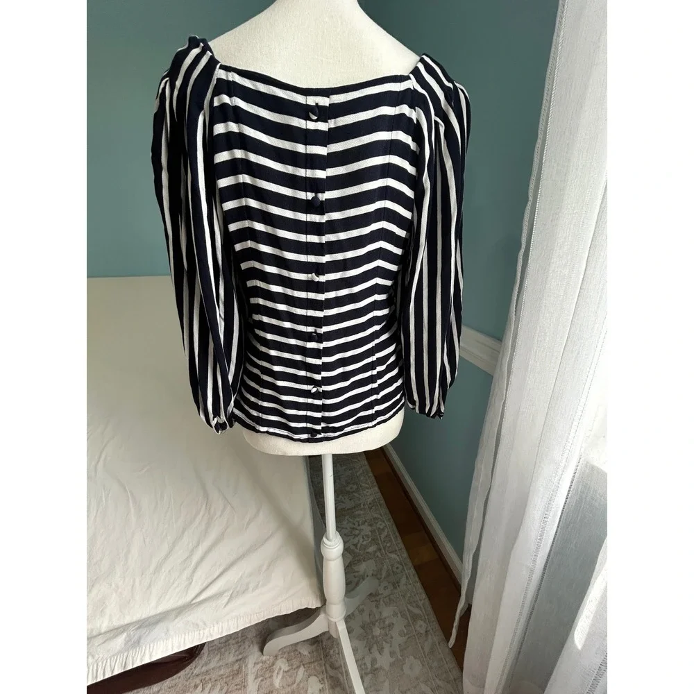 Banana Republic Women Navy White Striped Puff Sleeve Square Neck Button Back Top